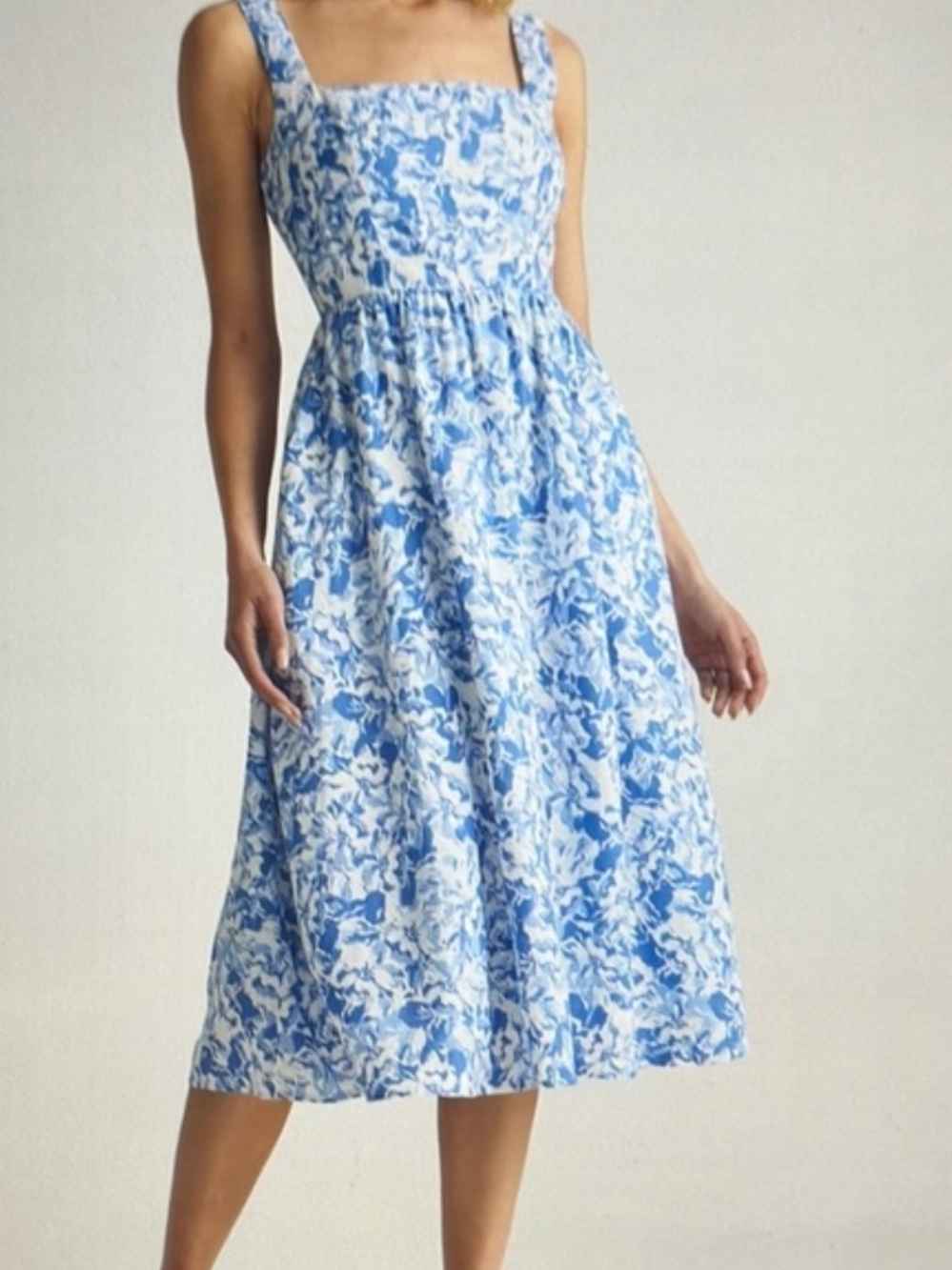 100% European Linen Blue and White Floral Sundress By QUINCE